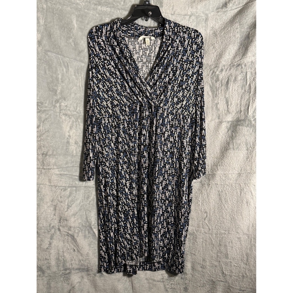 Soma faux wrap‎ dress Women's Medium Black Blue White Geometric Long
 Sleeve